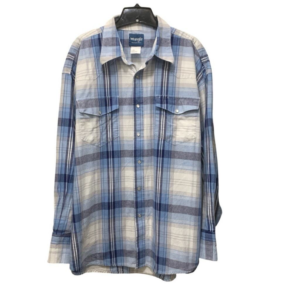 Vtg Wrangler Mens Sz XXL Pearl Snap Shirt Plaid Blue White Cowboy Rodeo Y2K